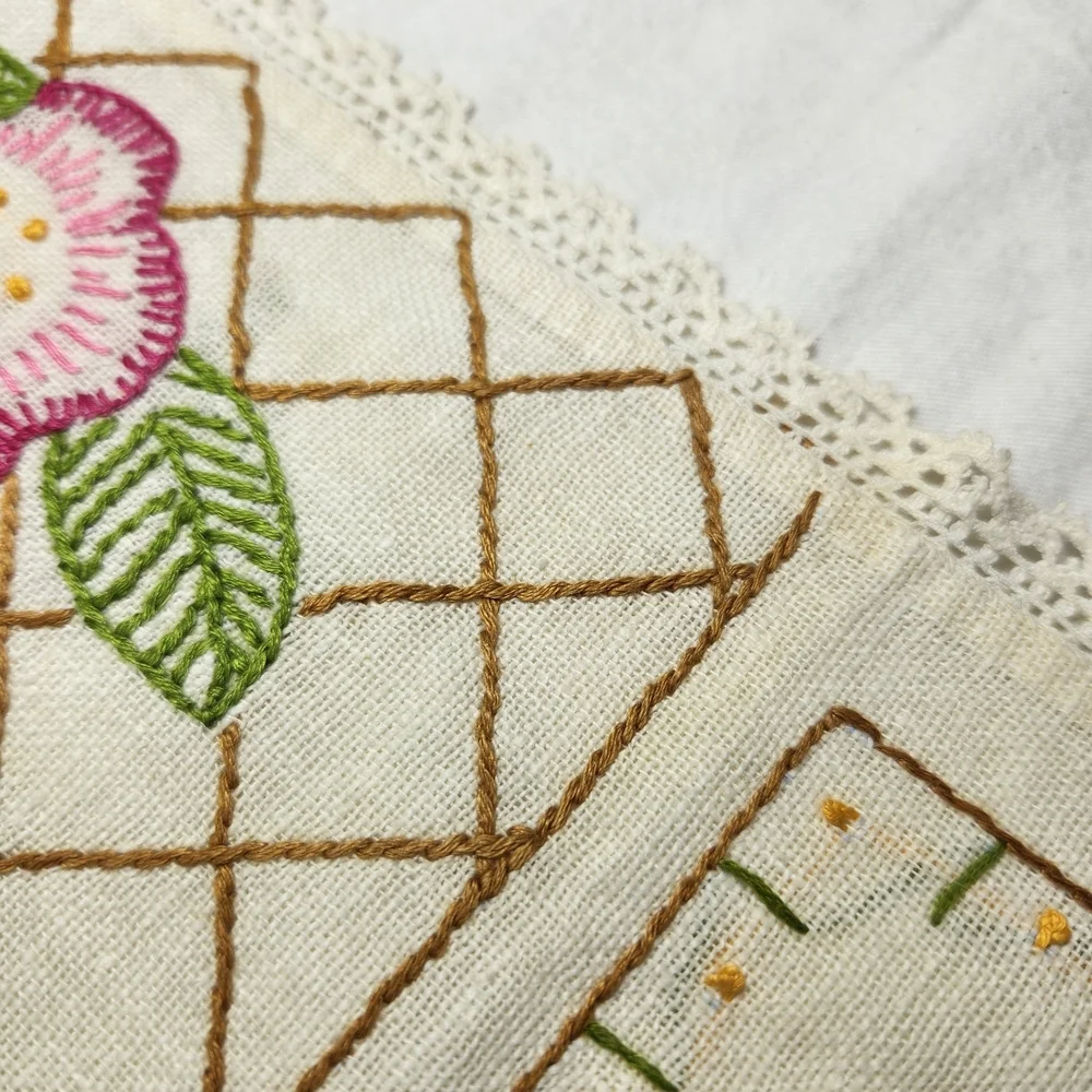 Vintage Hand-embroidered Linen Floral Table Runner Dresser Scarf 12
